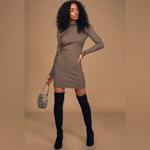✨Lulus NWT Heather Taupe Ribbed Mock Neck Sweater Dress 🤎Medium ✨
